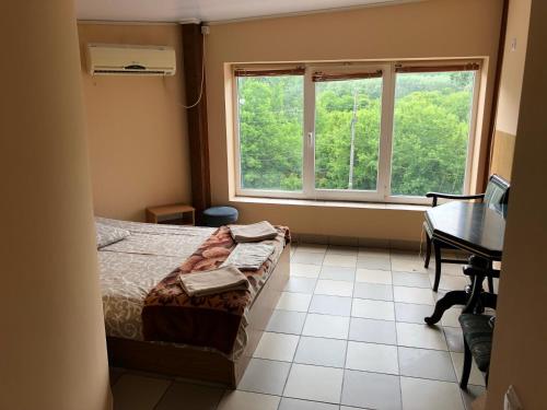 切尔诺夫策Мотель "Євро"的一间卧室配有一张床、一张书桌和一个窗户。