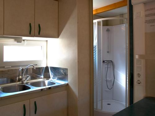 比努埃萨Camping Cobijo的一个带水槽和淋浴的小厨房