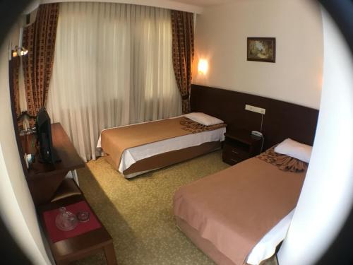 安塔利亚阿塔酒店的酒店客房设有两张床和电视。