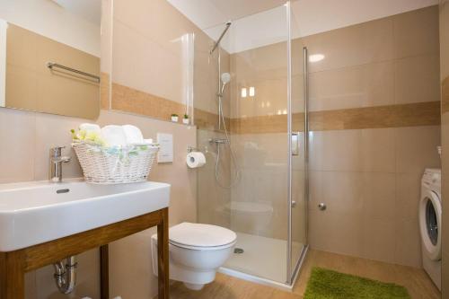 杜布罗夫尼克Apartment Navis的带淋浴、卫生间和盥洗盆的浴室