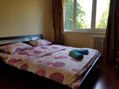 布加勒斯特3 rooms Stefan cel mare的卧室内的一张带两个枕头的床