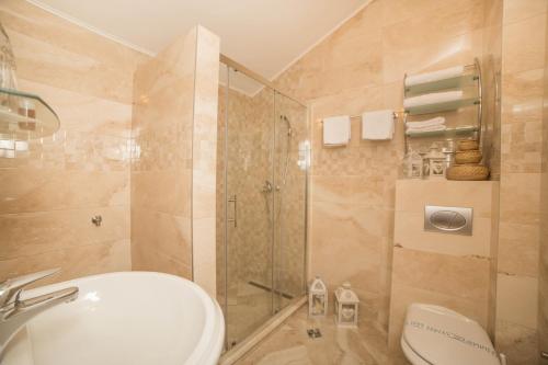 赫尔采格诺维菲亚曼蒂酒店的带淋浴、卫生间和盥洗盆的浴室