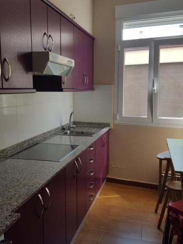 梅利德Albergue o Apalpador的厨房配有紫色橱柜、水槽和窗户