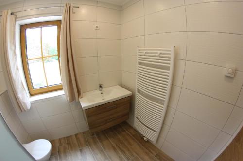 Radmer an der HaselChalet Ferienhaus Radmer的一间带水槽和卫生间的浴室以及窗户。