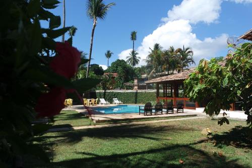 塞古罗港Residencial Frente a Praia的一个带凉亭和棕榈树的游泳池