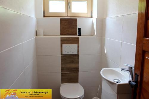 格伦德尔湖Haus Seeruhe - direkt am Grundlsee的一间带卫生间和水槽的小浴室