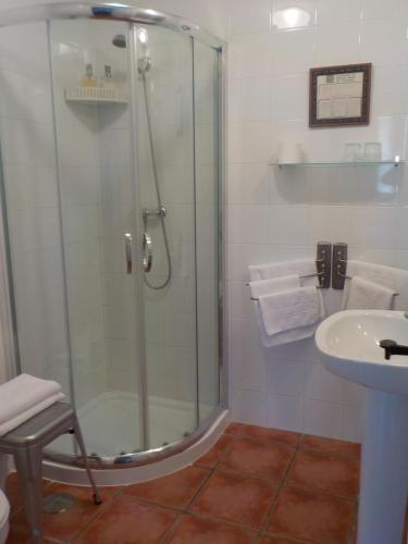 尤比雅克特莱斯瓦尔旅馆的一间带玻璃淋浴和水槽的浴室