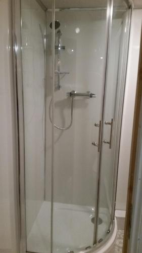 格拉斯哥格拉斯哥汉普顿花园式公寓的浴室里设有玻璃门淋浴