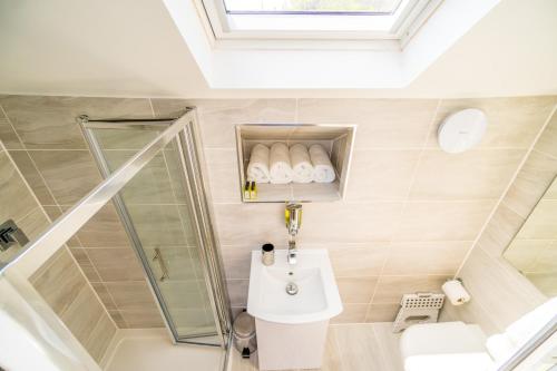 海斯廷斯Sea View Holiday Flat - Covehurst Bay的一间带水槽和淋浴的浴室