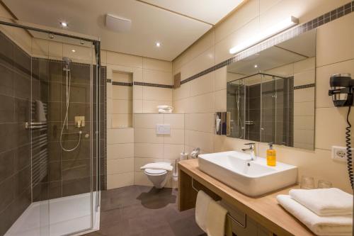卡顿巴赫加尼克劳科尔酒店的一间带水槽、淋浴和卫生间的浴室