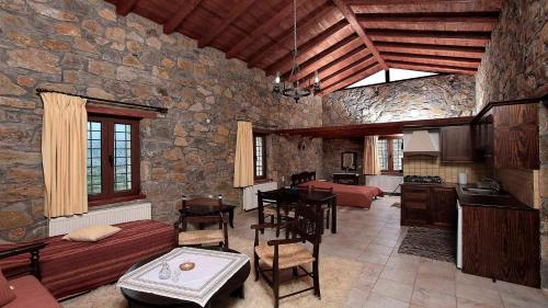 Krousón阿拉达莫斯乡村民宿的一个带石墙的大客厅