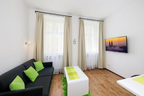 布拉格Apartment near city centre with parking place的客厅配有黑色沙发和绿色枕头