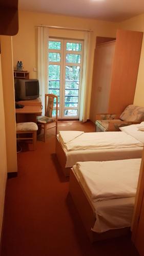 索波特hostel leśny的一间卧室设有两张床、一台电视和一扇窗户。