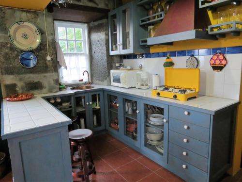 Terra AltaCasa Adega Alto do Passinho的厨房配有蓝色橱柜和台面