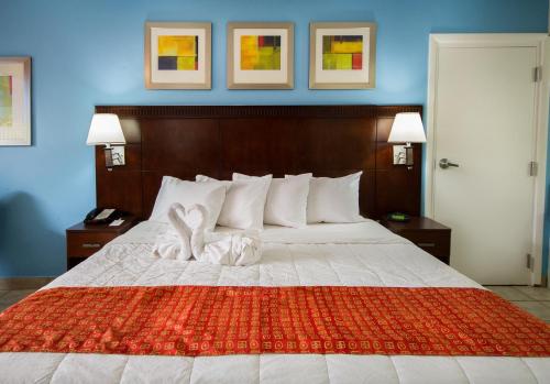 基西米弗拉明戈快捷酒店的一间卧室配有一张带红色毯子的大床