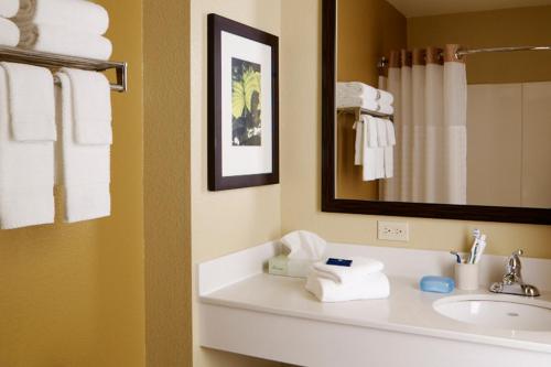 小石城MainStay Suites Little Rock West Near Medical Centers的浴室配有盥洗盆、镜子和毛巾