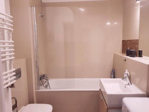 米兹多洛杰Family Apartment Golden Tulip的带浴缸、盥洗盆和卫生间的浴室