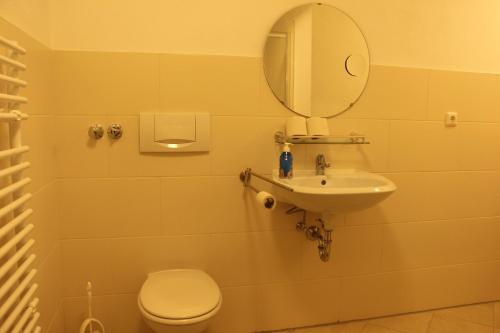 拜罗伊特Gasthof Gruner Baum的一间带水槽、卫生间和镜子的浴室