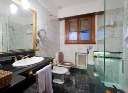 马德普拉塔Los Nobles Hostal de Bosque的一间带水槽、卫生间和淋浴的浴室