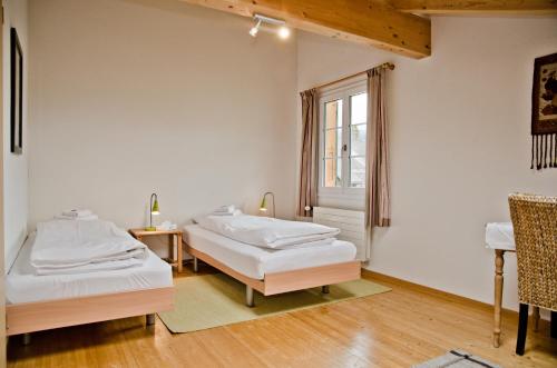 格林德尔瓦尔德Apartment Kiwi rechts - GRIWA RENT AG的带窗户的客房内的两张床