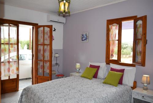 皮特斯迪亚Villa Zahner的一间卧室配有带绿色和粉红色枕头的床