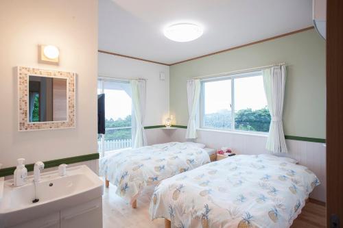 屋久岛Yakushima Pension Luana House的一间卧室设有两张床、一个水槽和一个窗口
