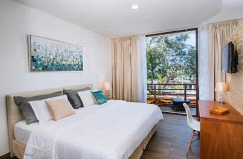 阿约拉港Hotel La Isla的一间卧室配有一张床、一张书桌和一个窗户。