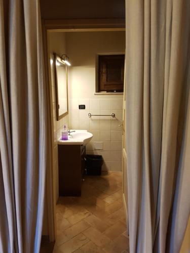卡拉马尼科泰尔梅Il Rifugio dei Briganti的一间带水槽和淋浴帘的浴室