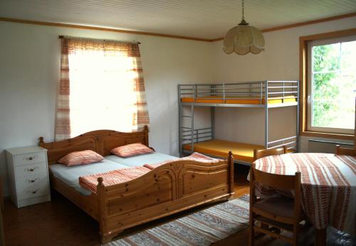 卡利克斯Old timber house的一间卧室配有两张床和一张双层床。
