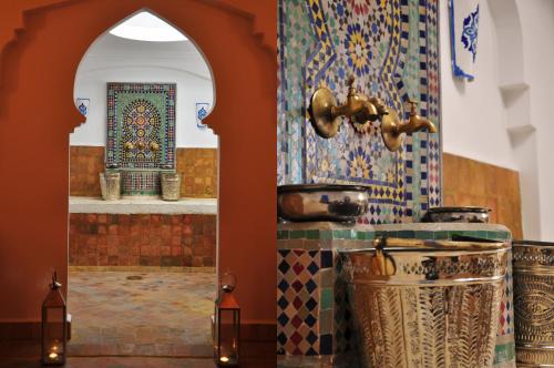 艾西拉Hotel Al Alba Hammam & Restaurant的一间带水槽和马赛克墙的浴室