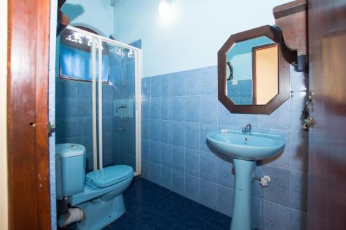 乌纳瓦图纳Hotel Dhammika的一间带水槽、卫生间和镜子的浴室