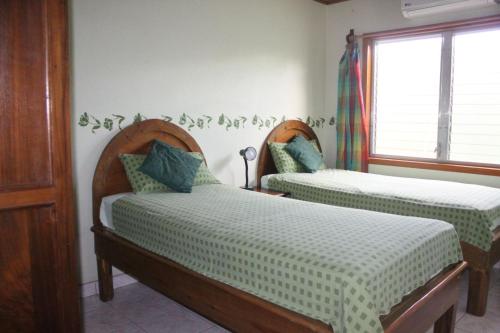 拉塞瓦彩虹村公寓的一间卧室配有两张带绿色和白色床单的床
