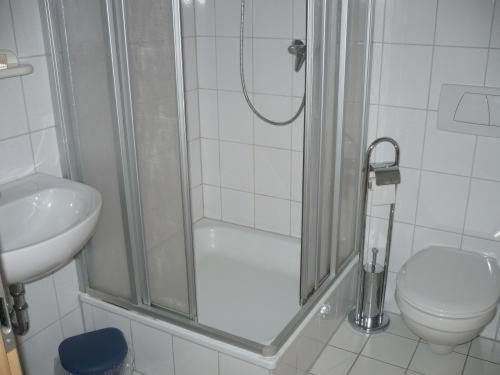 韦策阿尔特维泽酒店的带淋浴、卫生间和盥洗盆的浴室