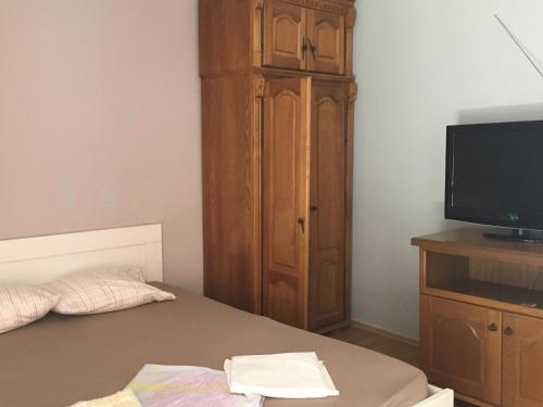 巴尔Apartment Aleksandra的一间卧室配有一张带电视和木柜的床。