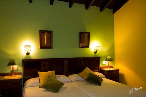 CaresesCasa Rural Peña Careses的一间卧室设有一张带绿色墙壁的大床