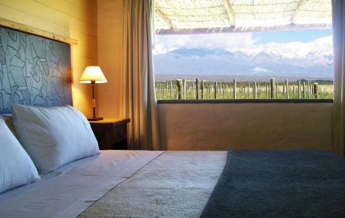 图蓬加托火山特浦盖托迪维努山林小屋的一间卧室设有一张床和一个享有美景的大窗户