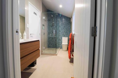 奥克兰半月湾公寓的带淋浴、盥洗盆和卫生间的浴室