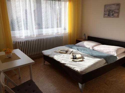 SmrečanyPrivat Klonga的一间卧室配有一张床、一张桌子和一个窗户。