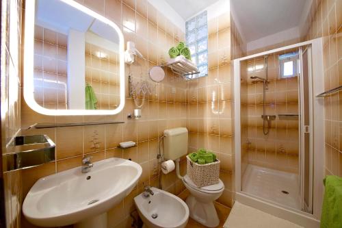 罗维尼Melanija 2的一间带水槽、卫生间和镜子的浴室