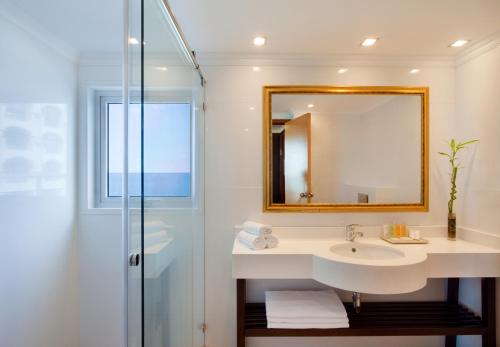 特拉维夫特拉维夫兰花酒店 的一间带水槽、镜子和淋浴的浴室