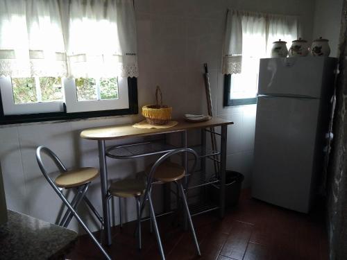 蓬德利马Residencial Retiro Sra. da Luz的厨房配有桌椅和冰箱。