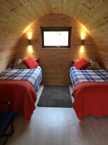拉腊Glendalough Glamping - Adults Only的小木屋内带两张床的房间