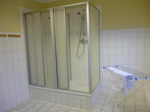 巴特多布兰贝洛奥里豪斯小酒馆旅馆的浴室里设有玻璃门淋浴