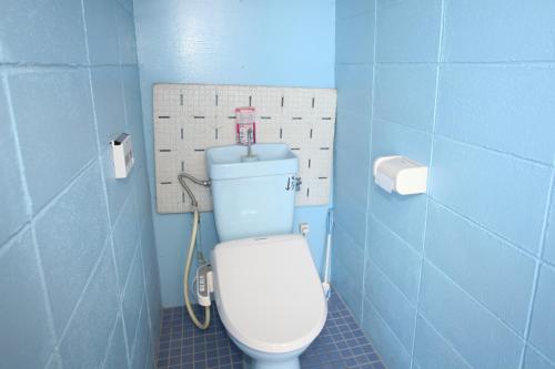 本部Sunset Hill Bise的浴室设有蓝色墙壁上的白色卫生间