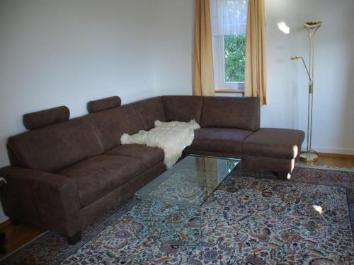 康斯坦茨Blum Ferienwohnung的客厅配有棕色沙发和玻璃桌