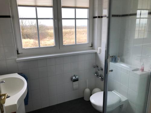 萨加尔德Ferienwohnung "Kranich" im Ferien-Resort Rügen的浴室配有卫生间、盥洗盆和淋浴。