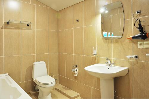 第比利斯科尔诺酒店的一间带卫生间、水槽和镜子的浴室