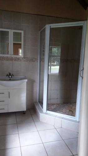 EmhubeniWhite Mountain Resort的带淋浴、盥洗盆和镜子的浴室