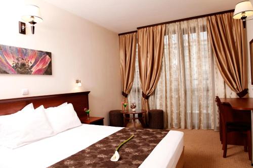 索非亚法沃里特酒店的酒店客房,配有床、书桌和窗帘