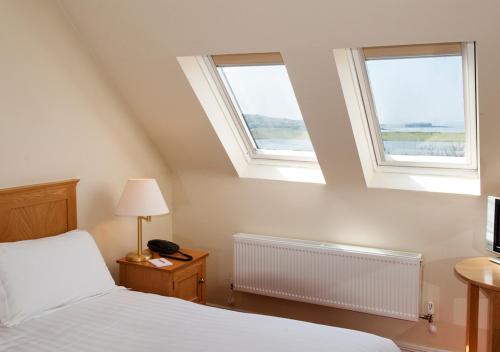 伦维尔Renvyle House Hotel & Resort的一间卧室设有两扇窗户、一张床和一盏灯。